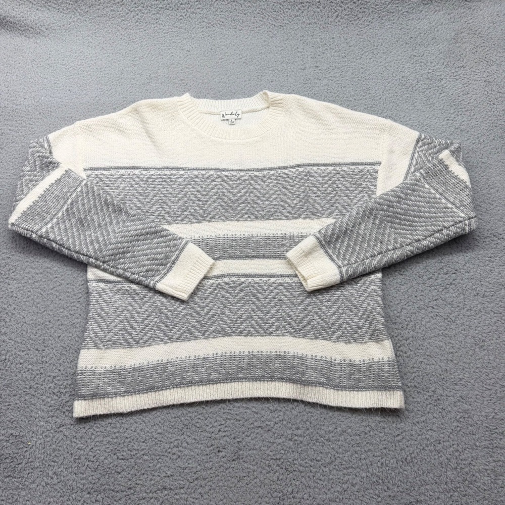 Wonderly Womens Large Cream Grey Chevron Stripe Knit Crewneck Sweater RN31104